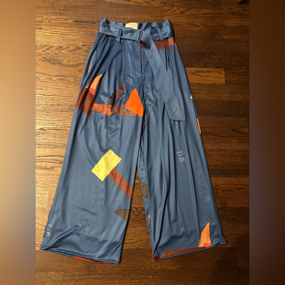 Delfina Balda Jersey Silk Palazzo Pants Trousers Blue Abstract Art M $495